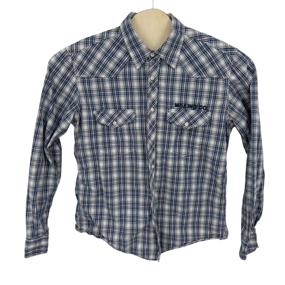L.O.G.G. H&M Western Button Up Shirt  XL Blue Plaid Sandusky Graphic Flap Pocket